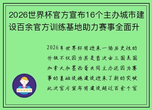 2026世界杯官方宣布16个主办城市建设百余官方训练基地助力赛事全面升级 ⚽ 2026世界杯官方宣布16个主办城市建设百余官方训练基地助力赛事全面升级 ⚽