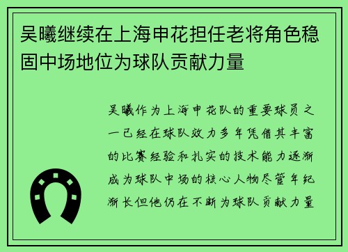 吴曦继续在上海申花担任老将角色稳固中场地位为球队贡献力量 吴曦继续在上海申花担任老将角色稳固中场地位为球队贡献力量